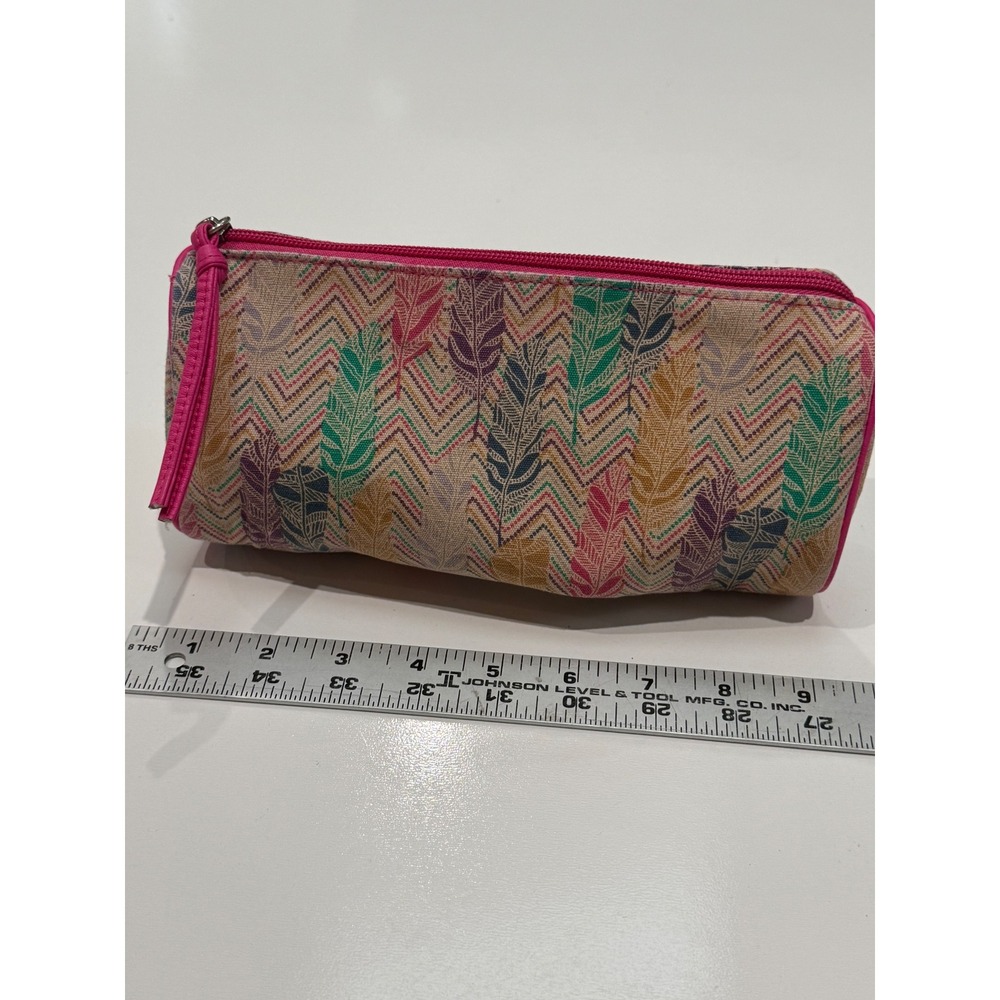 Mudd Boho Feather Chevron Canvas Makeup‎ Bag Pencil Case Pink Multi Color Pouch